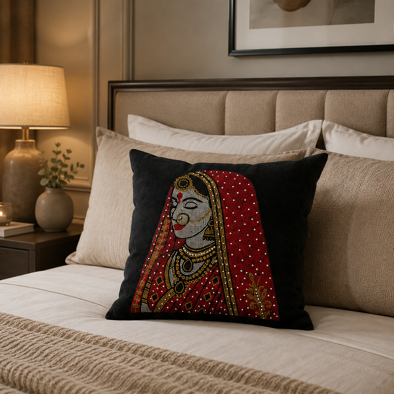 Rajasthani Queen Embellished Cushion Cover - 16x16