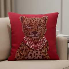 Decorative pillow with a leopard design on a beige sofa