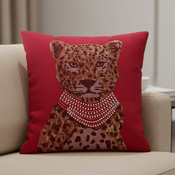 Decorative pillow with a leopard design on a beige sofa