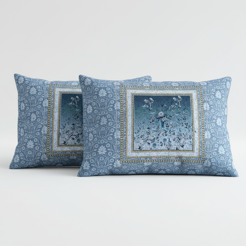Two blue patterned pillows on a white background