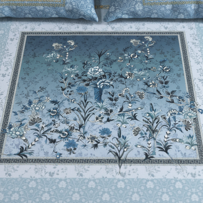 Floral patterned fabric with intricate design on a blue background