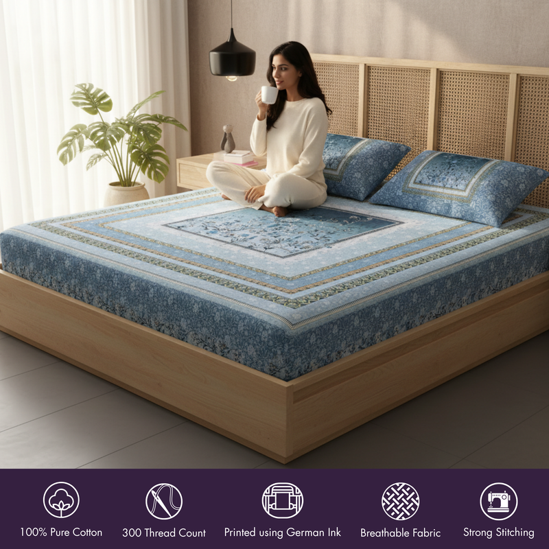 Woman sitting on a bed with a blue patterned mattress cover, holding a cup.