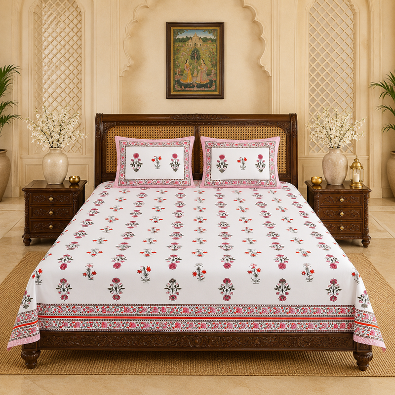 Rosé Royale Jaipuri King Size Bedsheet | 100% Pure Cotton | Anarkali Collection