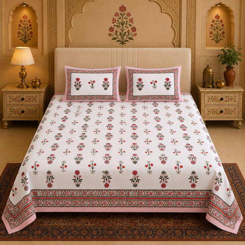 Rosé Royale Jaipuri King Size Bedsheet | 100% Pure Cotton | Anarkali Collection