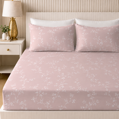 Rose Vine King Bedsheet Set | 300 TC | 100% Pure Cotton | Light Pink