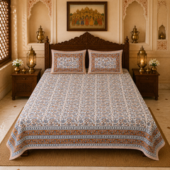 Roshan Bagh Jaipuri King Size Bedsheet | Cotton Bedsheet | Orange | Angan Collection