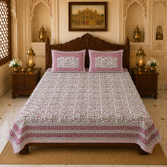 Roshan Bagh Jaipuri King Size Bedsheet | Cotton Bedsheet | Pink | Angan Collection