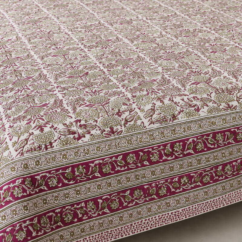 Roshan Bagh Jaipuri King Size Bedsheet | Cotton Bedsheet | Pink | Angan Collection