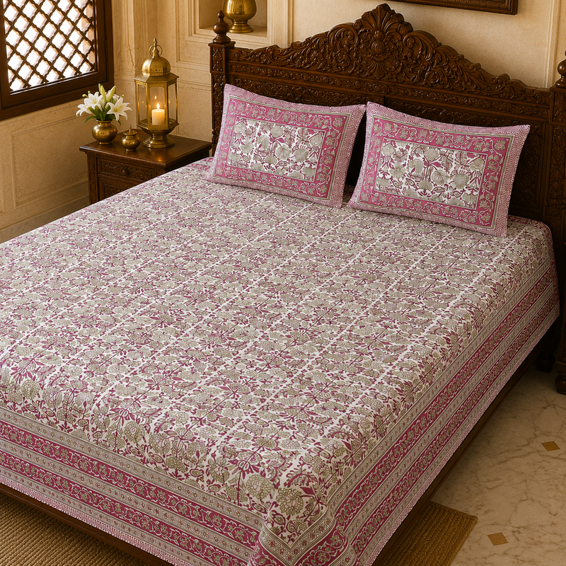 Roshan Bagh Jaipuri King Size Bedsheet | Cotton Bedsheet | Pink | Angan Collection