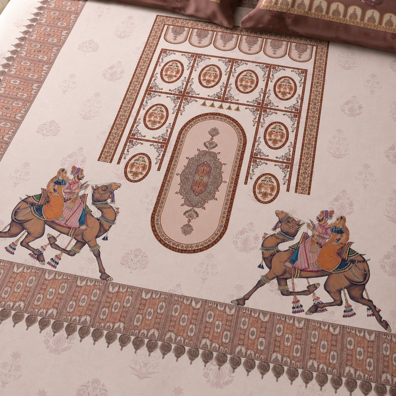 Decorative fabric with intricate patterns and camel riders design.