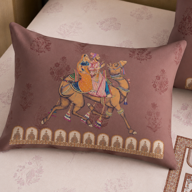 Decorative pillow with a horse and rider design on a floral background