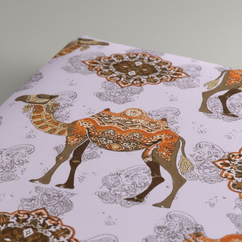 Fabric with camel and mandala pattern on a white background