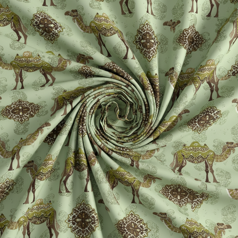 Rolled-up fabric with camel and geometric pattern on a light green background