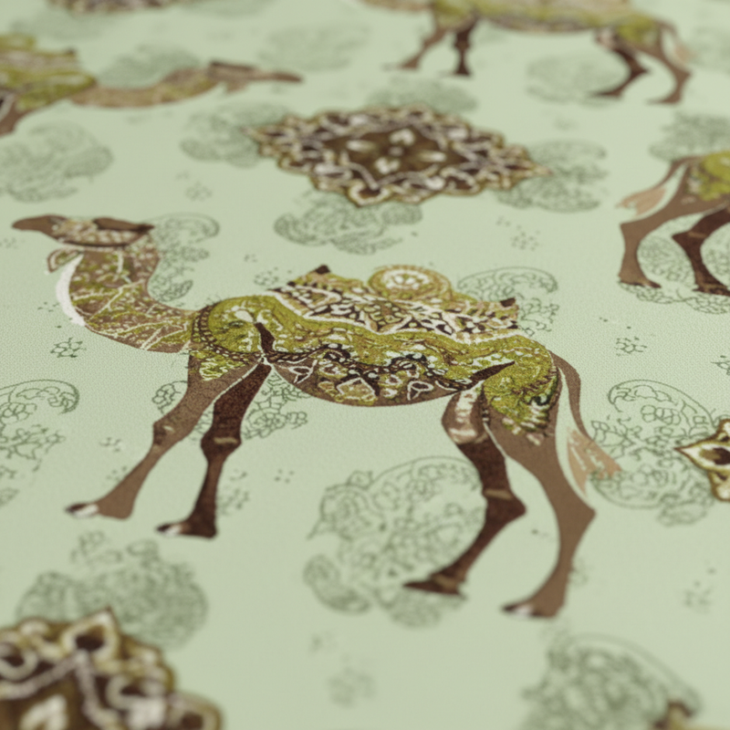 Patterned fabric with deer design on a light green background