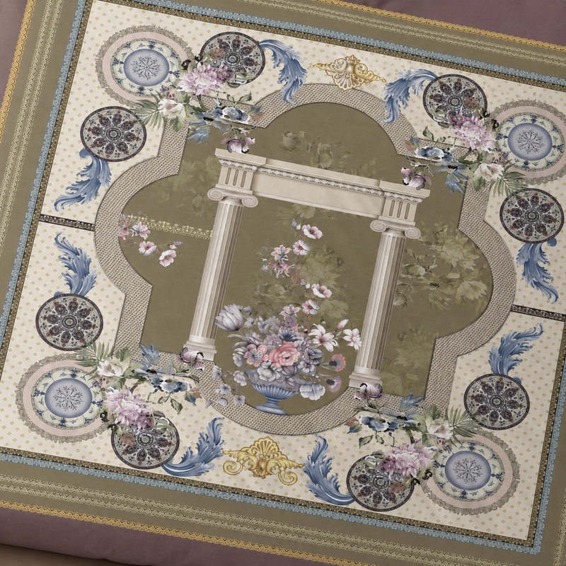 Decorative rug with floral and architectural design on a beige background