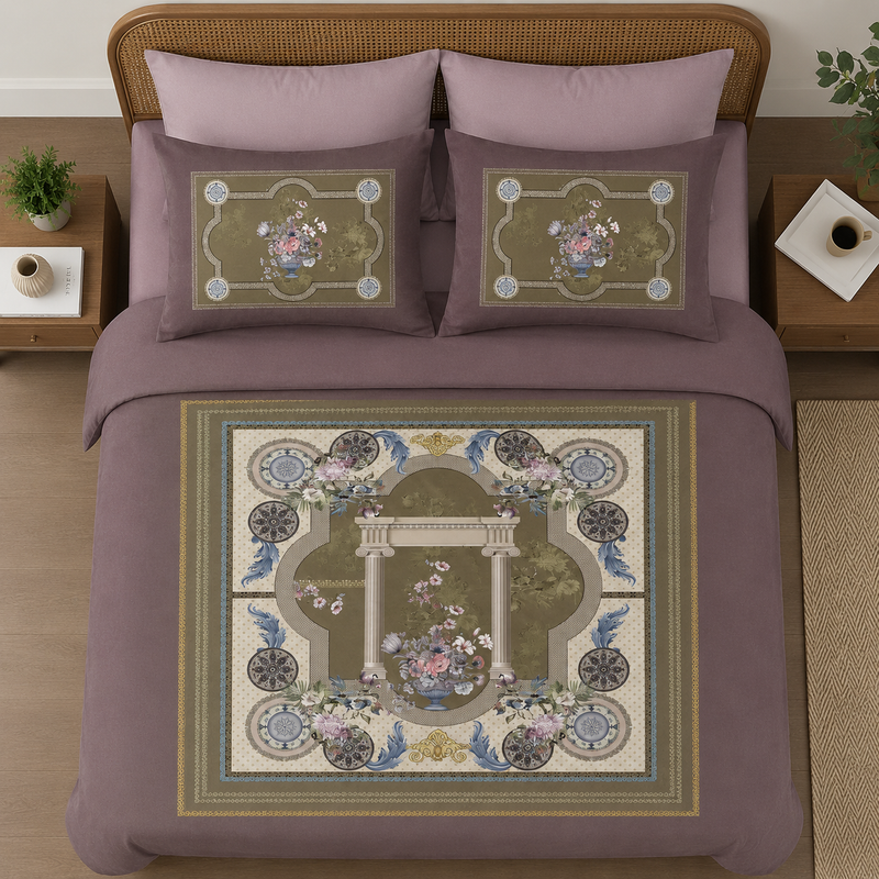 Decorative bedspread with floral and architectural patterns on a bed in a bedroom setting.