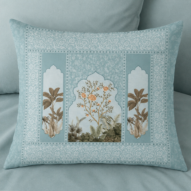 Decorative pillow with floral patterns on a gray background
