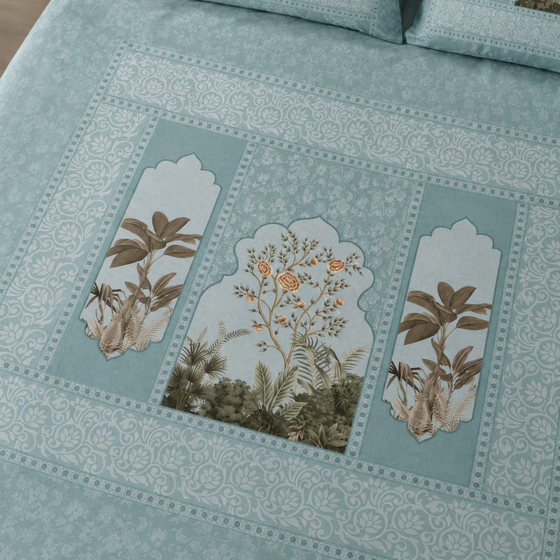 Embroidered floral patterns on a light blue fabric background