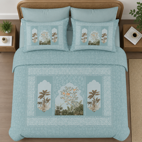 Teal floral-patterned bedding set on a bed with matching pillows.