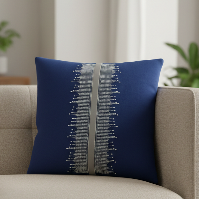 Blue pillow with decorative elements on a beige sofa in a living room setting.