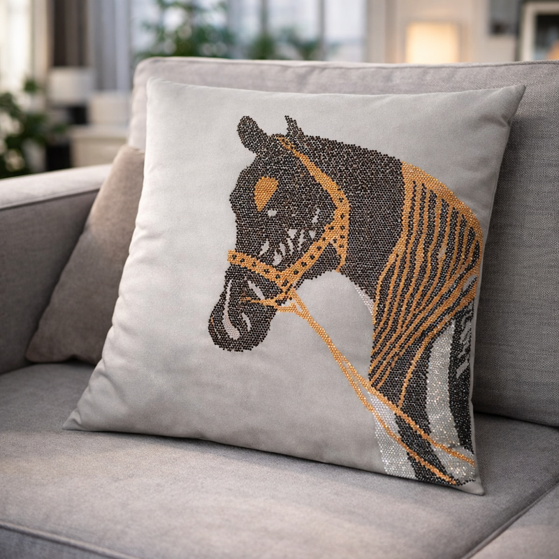 Decorative pillow with horse design on a gray sofa