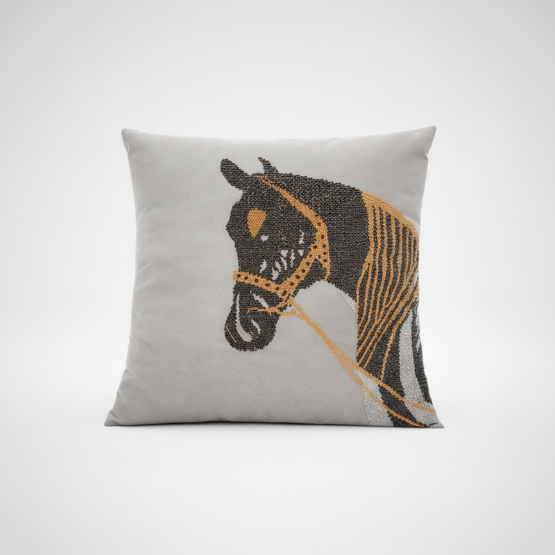 Gray pillow with a horse design on a white background
