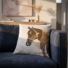 Decorative pillow with horse design on a blue sofa in a living room setting