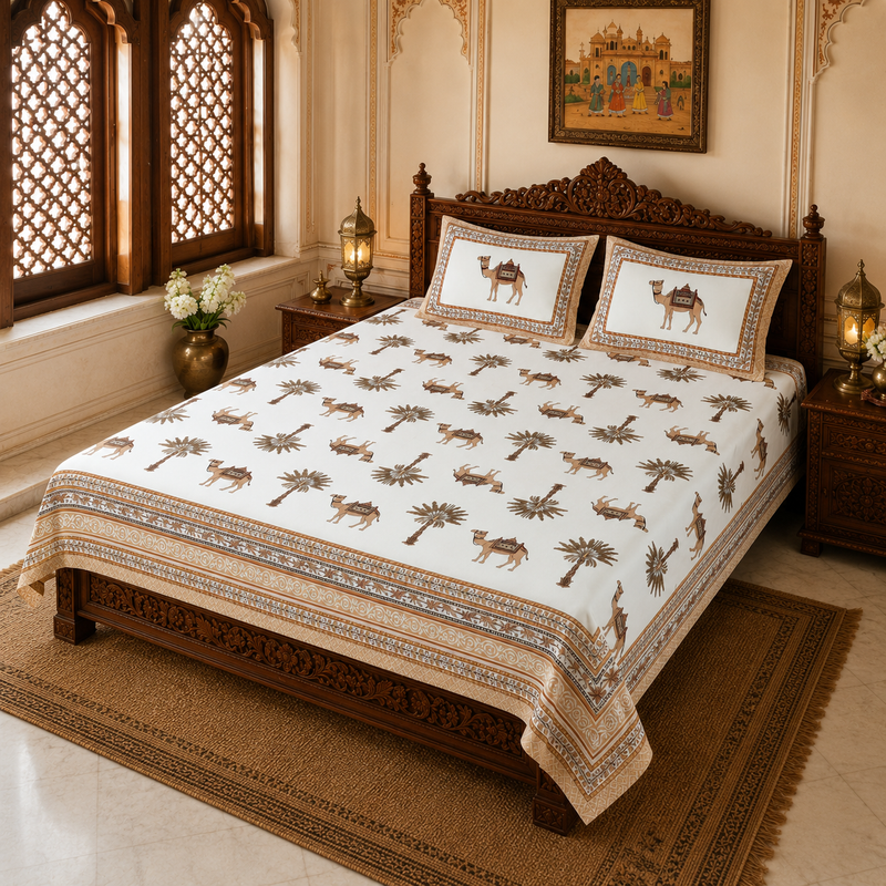 Thar Caravan Jaipuri King Size Bedsheet | 100% Cotton | Orange