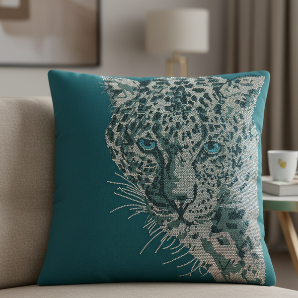 Teal pillow with leopard design on a beige sofa in a living room setting.