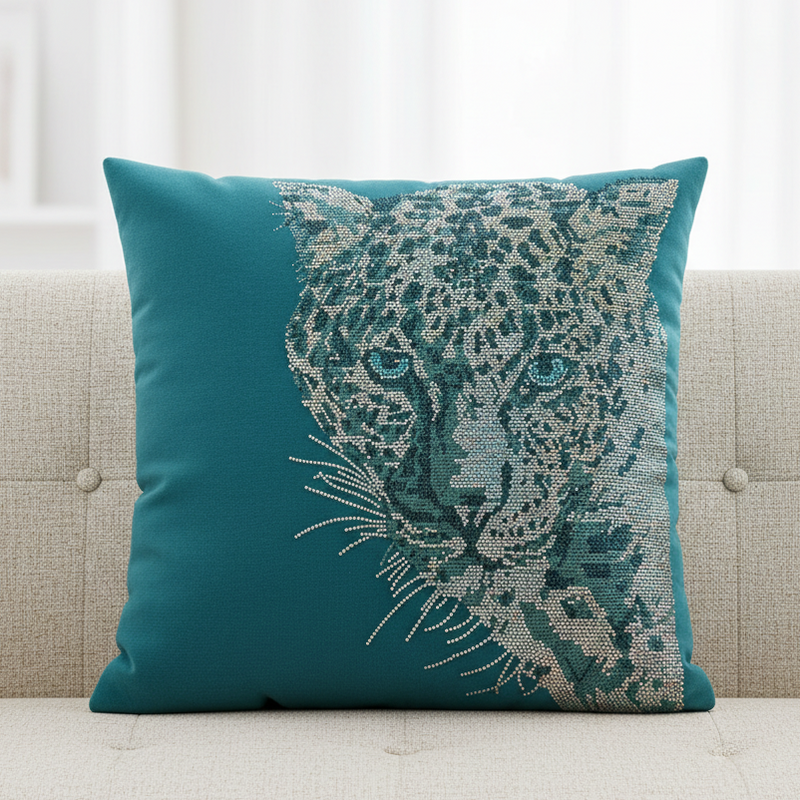 Teal pillow with leopard design on a beige sofa