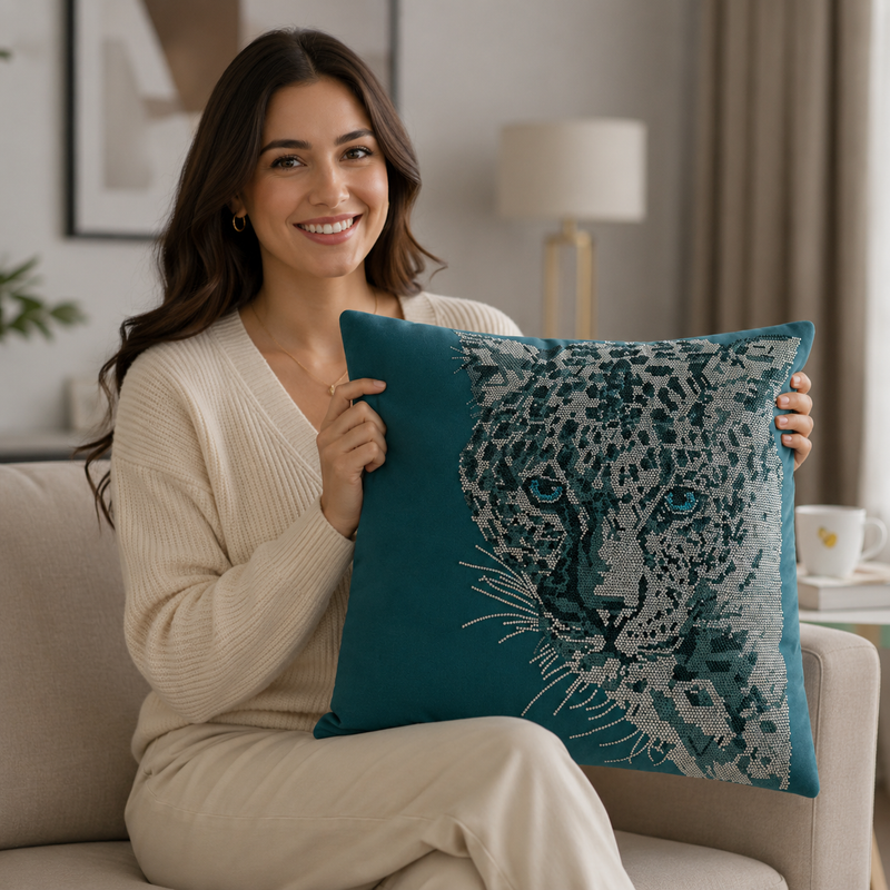 Turquoise Tiger Embellished Cushion Cover - 16x16