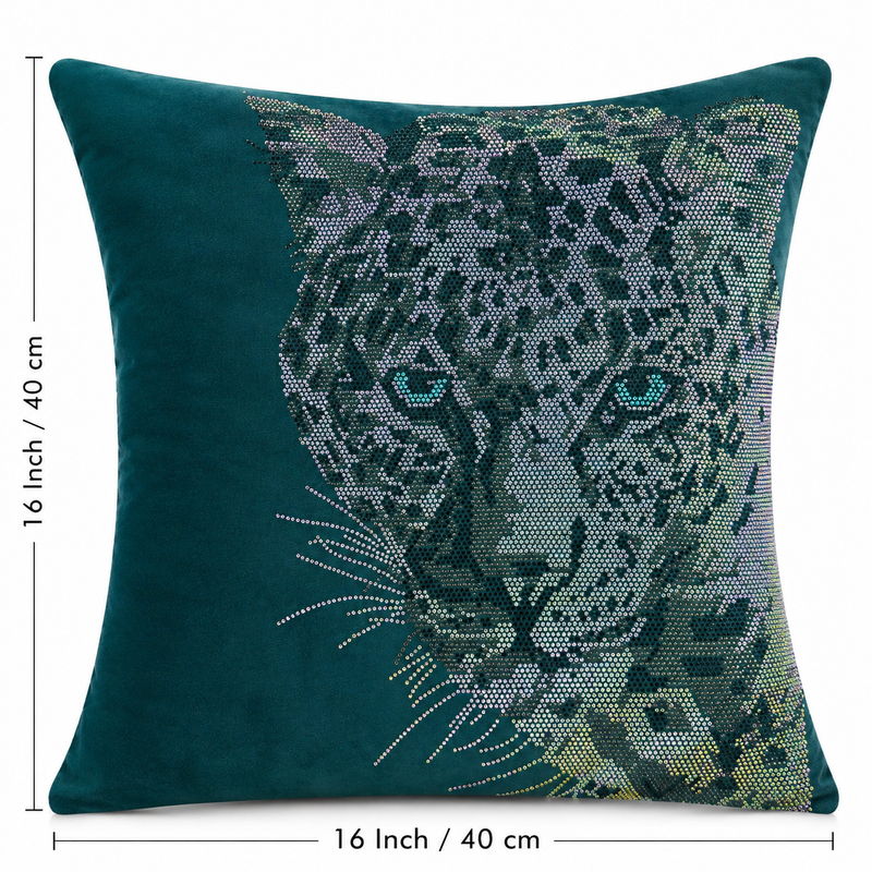 Turquoise Tiger Embellished Cushion Cover - 16x16