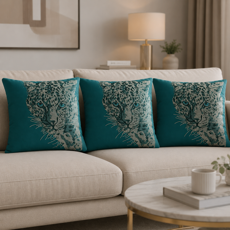 Turquoise Tiger Embellished Cushion Cover - 16x16