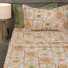 Jardin Mosaic King Bedsheet Set | 210 TC | 100% Pure Cotton | 2 Pillow Covers with Piping | Beige