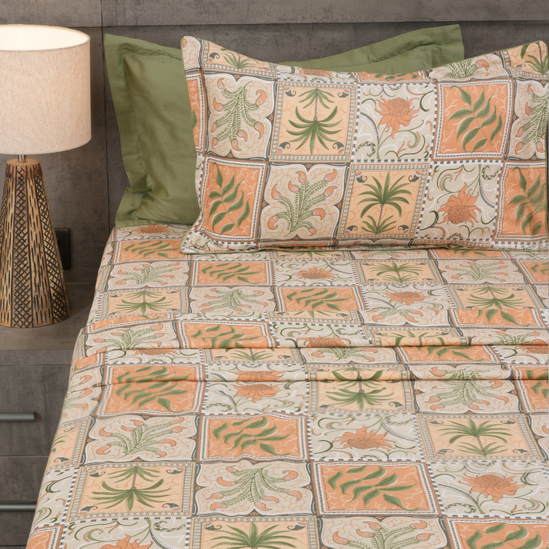 Jardin Mosaic King Bedsheet Set | 210 TC | 100% Pure Cotton | 2 Pillow Covers with Piping | Beige