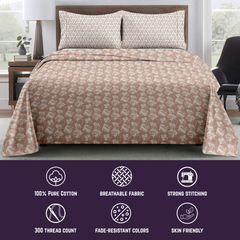 Urban Leaf King Bedsheet Set | 300 TC | 100% Pure Cotton | Peach
