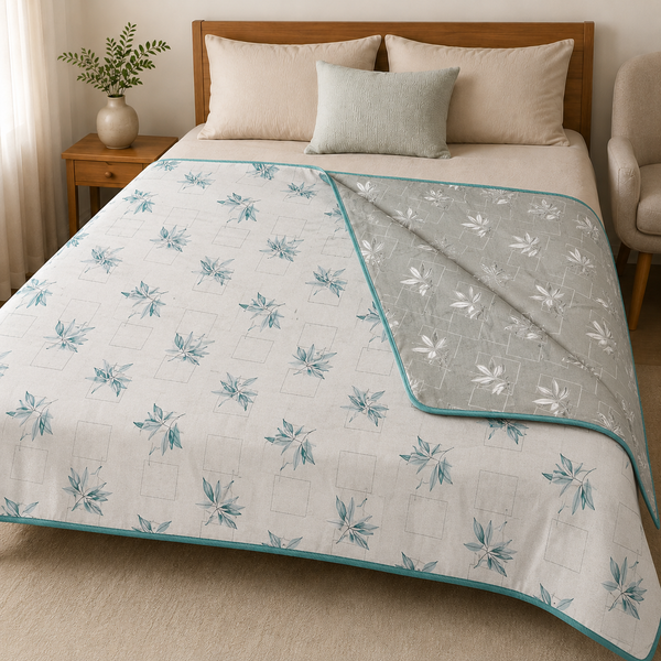 Urban Leaf Reversible Lightweight AC Dohar | Double Bed Dohar | Aqua & Mint Green