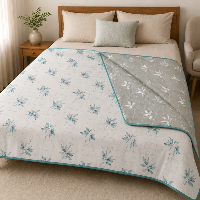 Urban Leaf Reversible Lightweight AC Dohar | Double Bed Dohar | Aqua & Mint Green