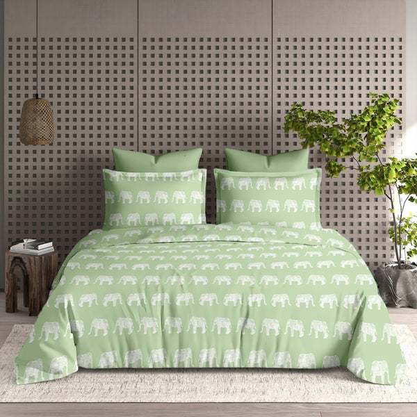 Hathi Mahal King Bedsheet Set | 210 TC | 100% Pure Cotton | 2 Pillow Covers with Piping | Light Green