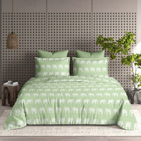 Hathi Mahal King Bedsheet Set | 210 TC | 100% Pure Cotton | 2 Pillow Covers with Piping | Light Green