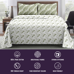 Whisper Vine King Bedsheet Set | 300 TC | 100% Pure Cotton | Green