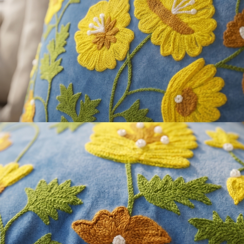 Embroidered floral design on a blue fabric background