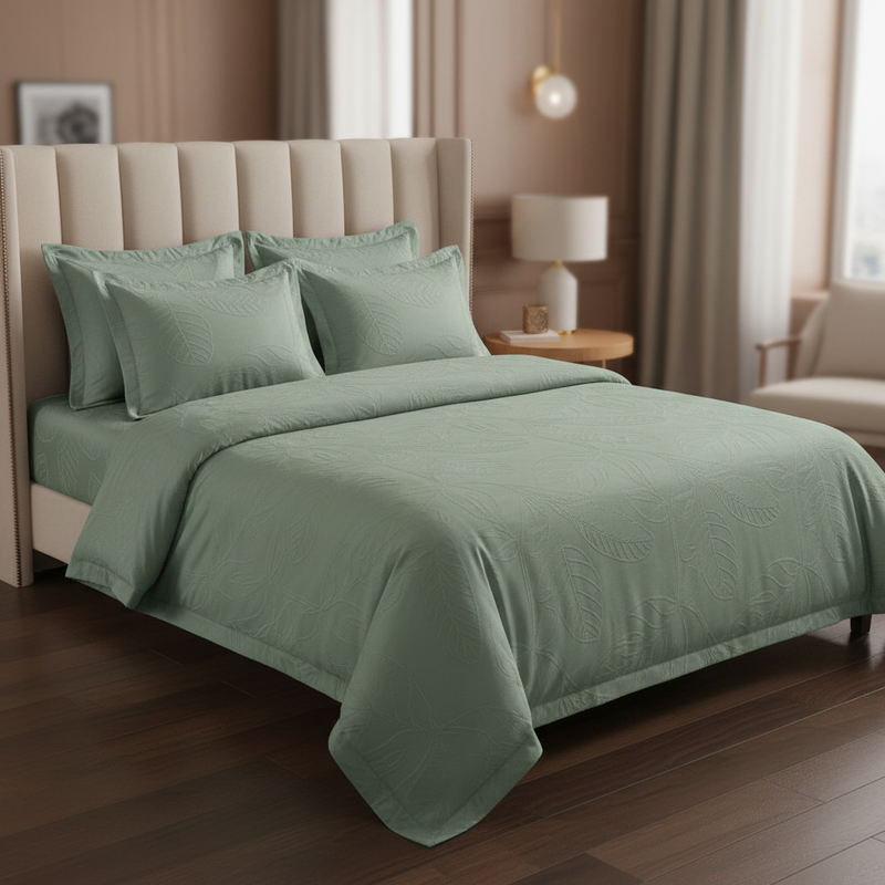 Jacquard Elysian Leaves King Bedsheet Set | 300 TC | 100% Pure Cotton | 2 Pillow Covers
