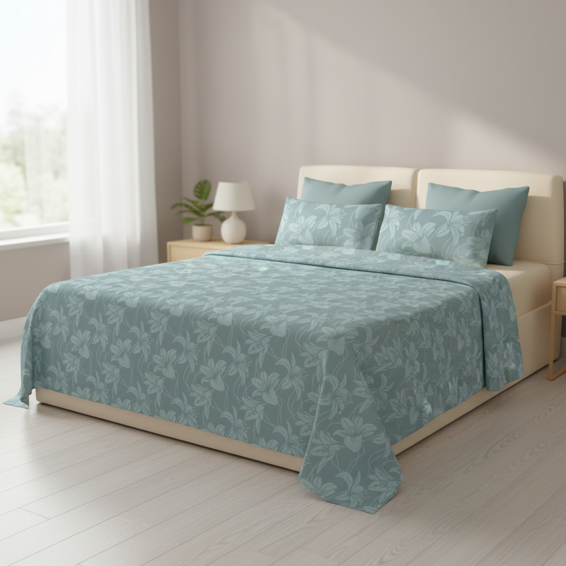 Lily Mist King Bedsheet Set | 400 TC | 100% Pure Cotton | 2 Pillow Covers